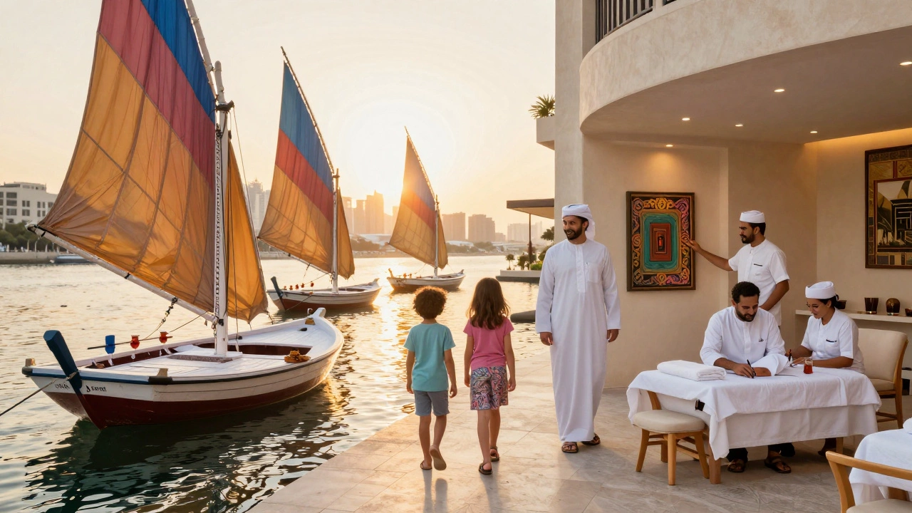 A family enjoying a sunset dhow cruise along Dubai Creek, surrounded by traditional sails and warm light.