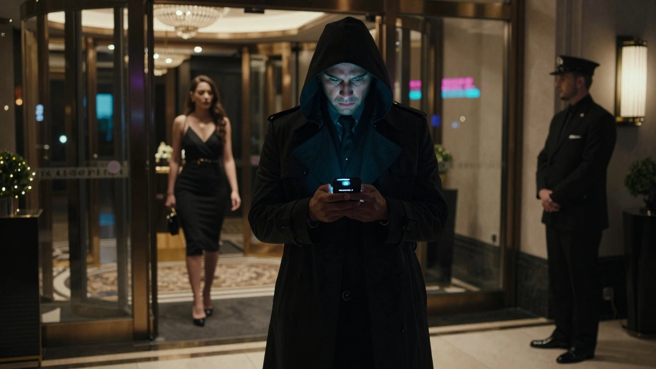 A man hesitating outside a hotel lobby, conflicted between a suspicious message and a legitimate escort entering.