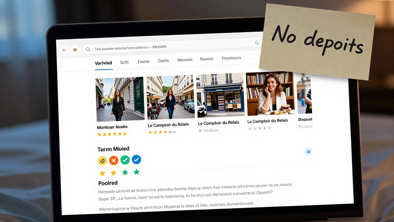 A verified escort profile on a laptop with authentic photos and client reviews.