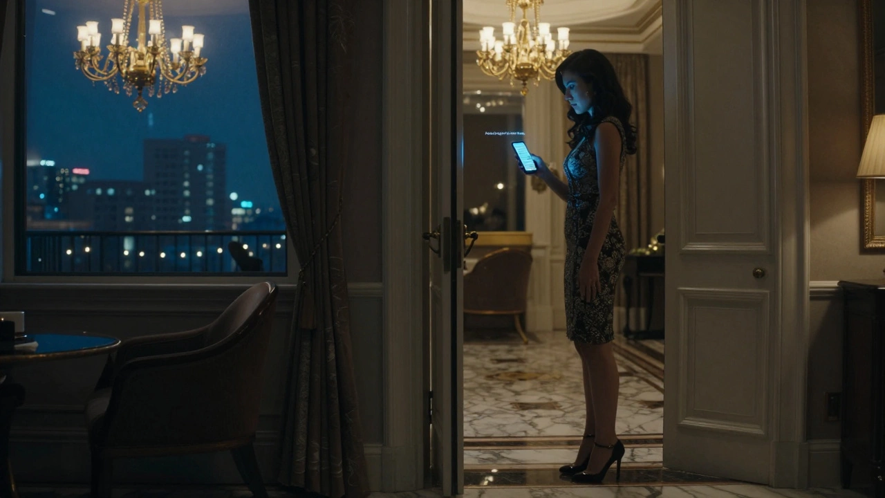 A woman in a hotel suite holding a phone with a suggestive message, surrounded by luxury and shadow.